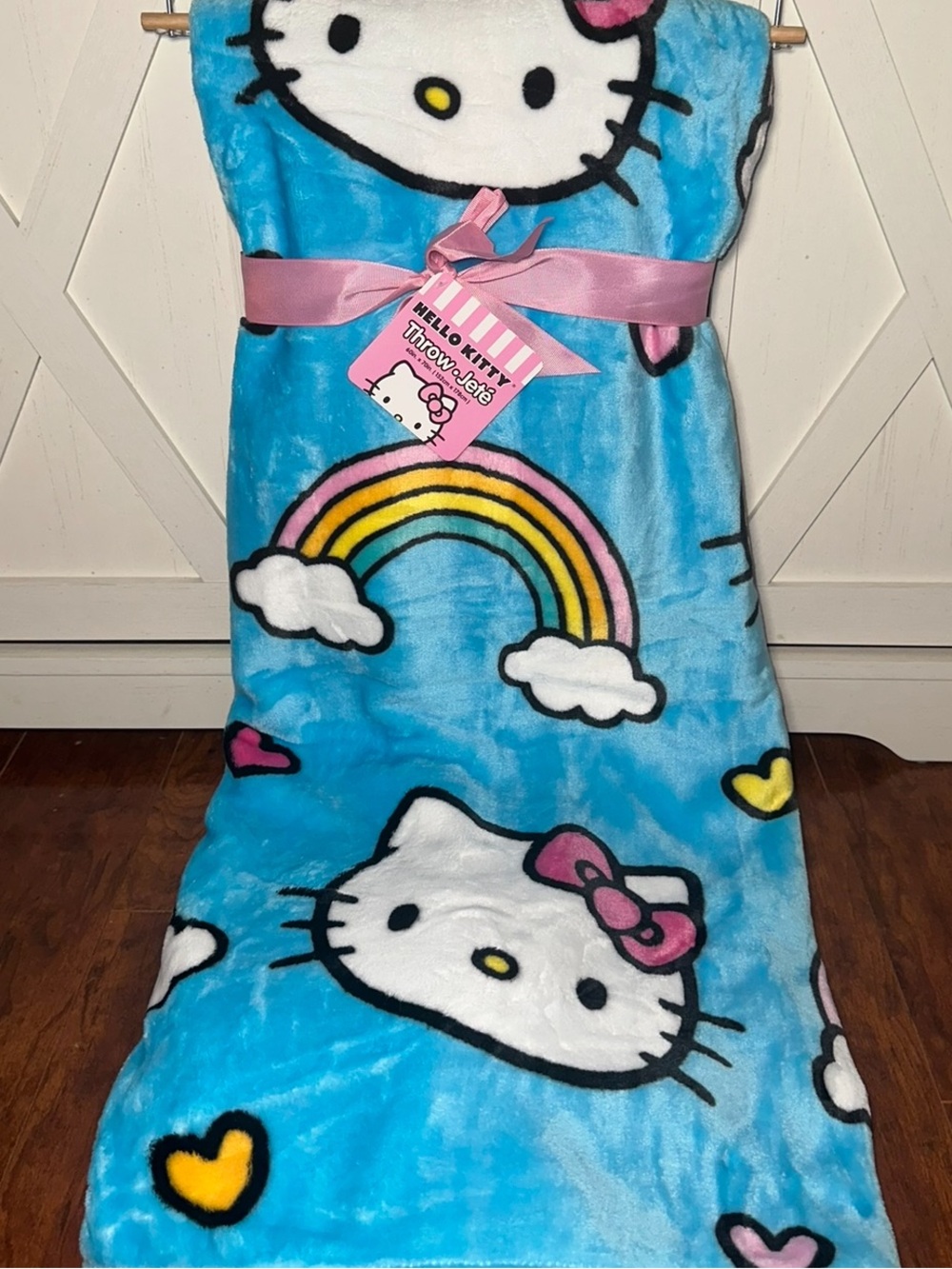 Hello Kitty Blue Plush Throw Blanket with Rainbow & Hearts